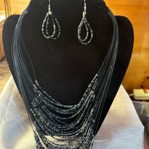 Chic Black Beaded Necklace and Earring Set